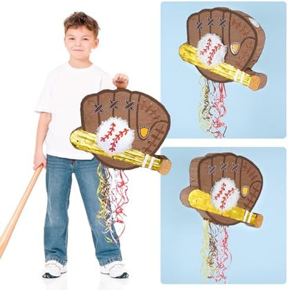 WERNNSAI Baseball Piñata - Baseball Piñata Bundle with Blindfold and Bat Sports Birthday Party Decorations for Boys Kids Pull String Baseball Gloves Piñata Family Games Baseball Party Supplies