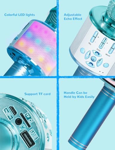 Amazmic Kids Karaoke Microphone Machine Toys for Girls Bluetooth Microphone with LED Light, Birthday Gift for Girls Boys 3 4 5 6 7 8 9 10 11 12 Year Old Kids Toys(Blue)
