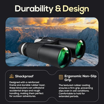 12x50 High Power Binoculars for Adults – HD Waterproof Binoculars with BaK-4 Prism, Phone Adapter & Tripod Mount – Bird Watching, Hunting, Stargazing, Travel, Cruise - Jet Black