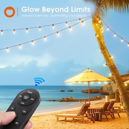 addlon 54FT(48+6) Solar String Lights Outdoor Waterproof with USB Charging & Remote Control - Dimmable Solar Power Patio Lights with LED Bulbs for Porch, Garden, Yard, Market, Bistro - Last for 20+Hrs
