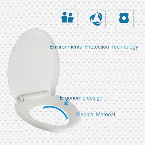 Elongated Toilet Seat Slow Close, Quiet Toilet Seat Cover with Never Loosen Durable Toilet Seat Lid Easy to Install & Clean, Polypropylene (PP), White
