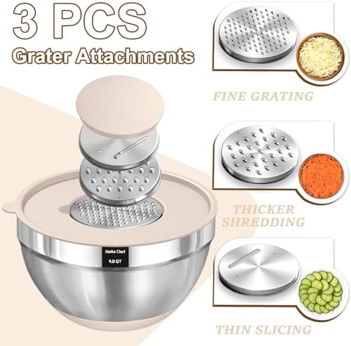 Umite Chef Mixing Bowls with Airtight Lids Set, 8PCS Stainless Steel Khaki Nesting Bowls with Grater Attachments, Kitchen Bowls with Non-Slip Bottoms, Size 5, 4, 3.5, 2, 1.5QT for Mixing & Serving