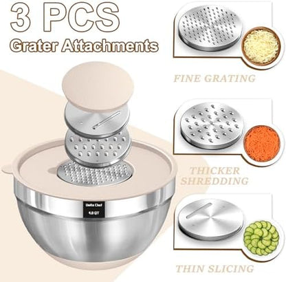 Umite Chef Mixing Bowls with Airtight Lids Set, 8PCS Stainless Steel Khaki Nesting Bowls with Grater Attachments, Kitchen Bowls with Non-Slip Bottoms, Size 5, 4, 3.5, 2, 1.5QT for Mixing & Serving