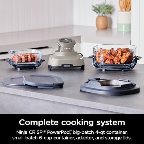 Ninja Crispi Air Fryer, Microwave, Freezer & Dishwasher Safe, Non Toxic Glass Portable Cooking System, 4 QT & 6 Cup Glass Containers with Storage Lids, Easy Meals, Air Fry, Bake, Stone, FN101ST