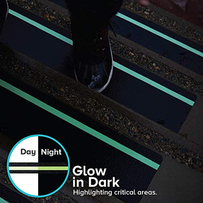 Anti Slip Traction Tape with Glow in Dark Green Stripe, 6 Inch x 33 Foot - Best Grip, Friction, Abrasive Adhesive for Stairs, Tread Step, Indoor, Outdoor, Black (6" x 33')