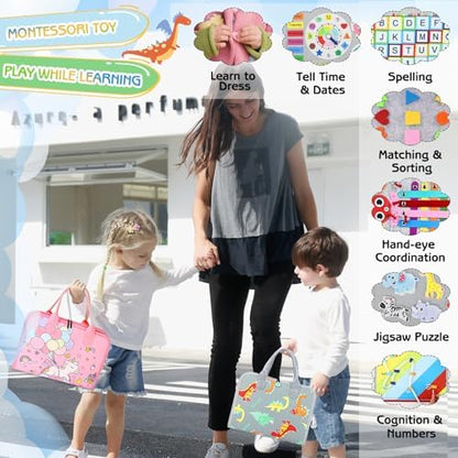 Esjay Toddler Busy Board Montessori Toys for Boys Girls, Sensory Board Educational Activities for Learning Fine Motor Skills, Birthday Gifts for Toddlers, Travel Toys for Airplane Car,Grey Dinosaur