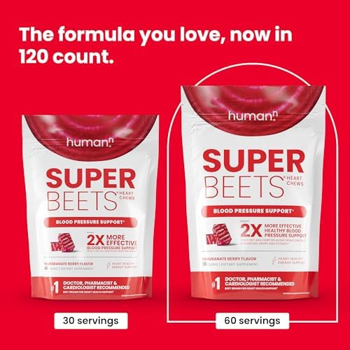 HumanN SuperBeets Heart Chews, Nitric Oxide and Blood Pressure Support, Grape Seed Extract & Non-GMO Beet Root Powder Energy, Pomegranate Berry Flavor, 120 Count