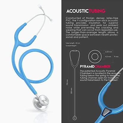 MDF Instruments, Acoustica Lightweight Stethoscope for Doctors, Nurses, Students, Home Health Use, Adult, Dual Head, Bright Blue Tube, Silver Chestpiece-Headset, MDF747XP14
