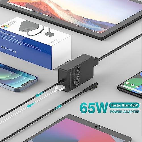 65W Surface Pro Laptop Charger for Microsoft Surface Pro 10, 9, 8, 7+, 7, 6, 5, 4, 3, X, Windows Surface Laptop 6, 5, 4, 3, 2, 1, Surface Go Tablet, Surface Book 3, 2, 1, Support 44W, 36W, LED, 10FT