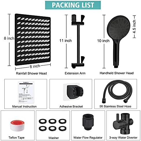 Shower Head, 8‘’ High Pressure Rainfall/Handheld Shower Combo with 11'' Extension Arm, 9 Settings, Anti-leak Shower Head with Holder, Height/Angle Adjustable, Chrome, Matte Black