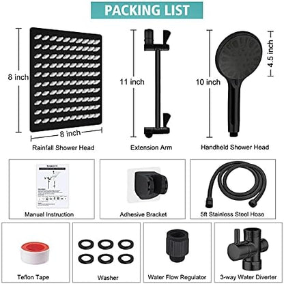 Shower Head, 8‘’ High Pressure Rainfall/Handheld Shower Combo with 11'' Extension Arm, 9 Settings, Anti-leak Shower Head with Holder, Height/Angle Adjustable, Chrome, Matte Black