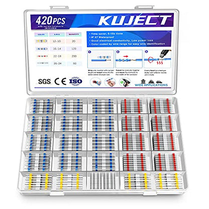 Kuject 420PCS Solder Seal Wire Connectors, Self-Solder Heat Shrink Butt Connector Solder Sleeve Waterproof Insulated Electrical Butt Splice Wire Terminals for Marine Automotive Boat Truck Wire Joint