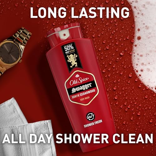 Old Spice Refreshing Body Wash for Men, 3X Defense, 24/7 Shower Fresh with Long Lasting Scent, Red Collection, Swagger with Cedarwood Scent, 24 oz (Pack of 4)