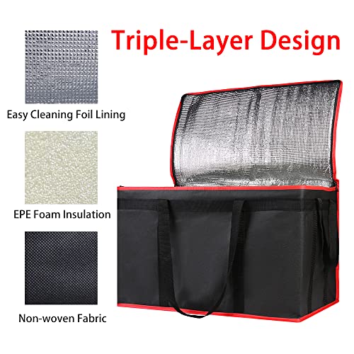 Bodaon Insulated Food Delivery Bag - Hot & Cold Meal Carrier, Catering/Doordash Pizza Warmer, Grocery Tote, Cooler Bag for Parties (Black-Red, 1Pk)