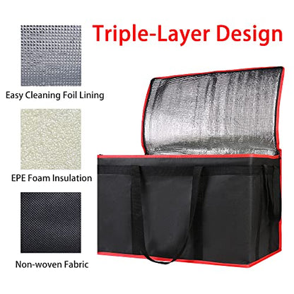 Bodaon 2-Pack Insulated Food Delivery Bag for Hot and Cold Meal, XXX-Large Shopping Cooler Bags, Grocery Tote Insulation Bag for Catering, Pizza Warmer, Black with Red Edge