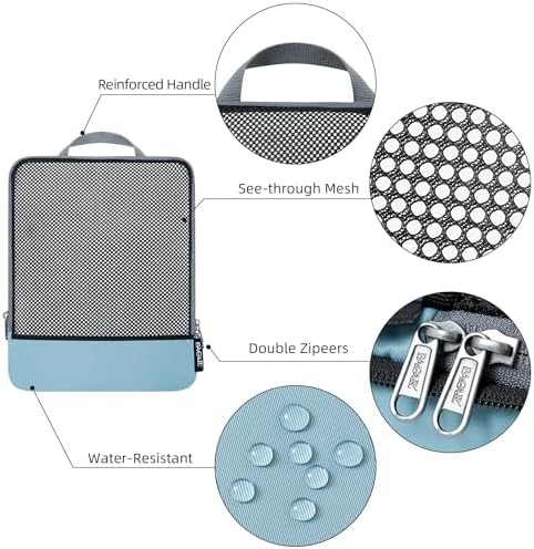 BAGAIL 4 Set/6 Set/8 Set Compression Packing Cubes Travel Accessories Expandable Packing Organizers (Half Mesh, 6-Dusty Blue)