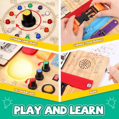 Busy Board,Montessori Toys for 1-3 Years Old, Wooden Toddler Toys, Autism Sensory Travel Toy, Ideal Gift for 1+ Year Old Boys (Busy Board Plus v3)