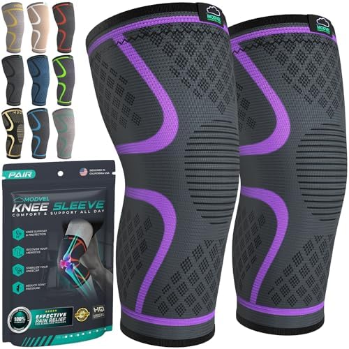 Modvel Compression Knee Brace for Women & Men - 2 Pack Knee Brace for Women Running Knee Pain, Knee Support Compression Sleeve, Workout Sports Knee Braces for Meniscus Tear ACL & Arthritis Pain Relief