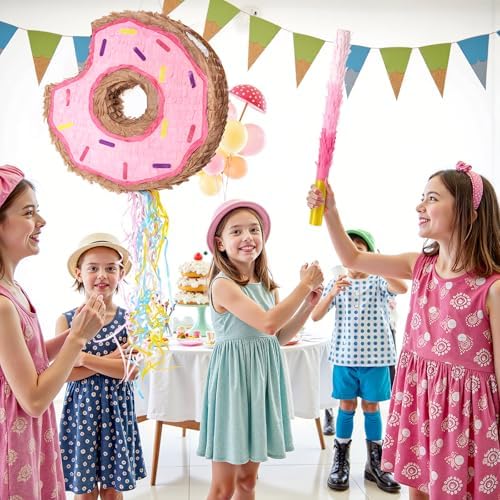WERNNSAI Donut Piñata - Pink Donut Pinata with String Birthday Partyn Decorations Piñata with Stick Blindfold for Girls Kids Dount Pull String Pinata Family Games Birthday Party Supplies