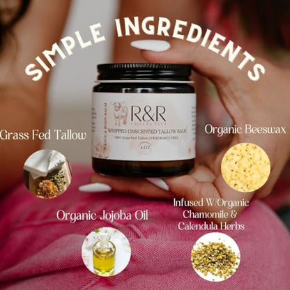 Handmade Tallow Balm (Unscented)- 100% Grass Fed Beef Tallow for Skin Care- 100% Natural Whipped Tallow Balm- Sensitive & Dry Skin, Eczema, Psoriasis- 2 FL. oz