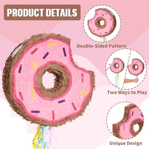 WERNNSAI Donut Piñata - Pink Donut Pinata with String Birthday Partyn Decorations Piñata with Stick Blindfold for Girls Kids Dount Pull String Pinata Family Games Birthday Party Supplies