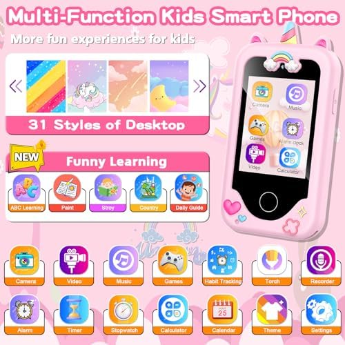 Kids Smart Phone for Girls Toys, Gifts for 3-10 Year Old Girl Boy Christmas Birthday Kids Toys, 2.8" Touchscreen Toddler Learning Cell Toy Phone with Dual Camera, Game, Music Player, 8GB Card Pink