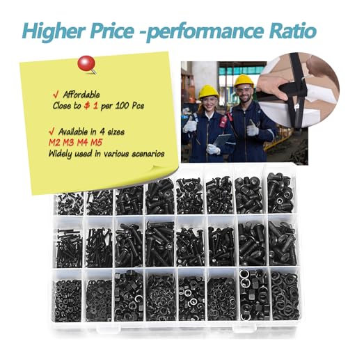 Kadrick Metric Screw Assortment, 2000PCS Metric Bolt Assortment Kit M2 M3 M4 M5 Machine Screws with Lock & Flat Washers, Grade 10.9 Alloy Steel Hex Socket Button Head Black Screws Nuts and Bolts Kit