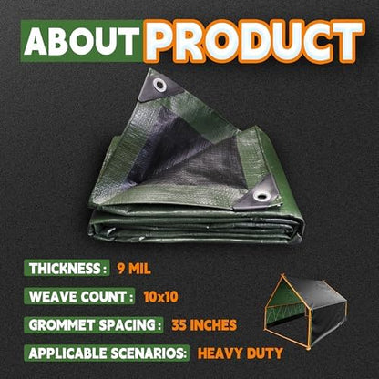 8x10 Feet Tarp Waterproof,9Mil Thick,Finished Size Tarps,UV Resistant,Durable,Multipurpose Poly Tarp Cover with Metal Grommets and Reinforced Edges,Green/Black by RAINDEWAY