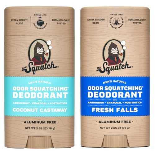 Dr. Squatch Natural Deodorant for Men - Odor-Squatching Aluminum Free - Coconut Castaway & Fresh Falls (2.65 oz, 2-Pack)