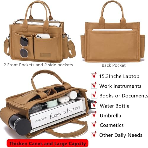 Tote Bag for Women With Compartments,Large Canvas Tote Women's Purse Crossbody Bags Work Laptop Book Bag Satchels Handbags