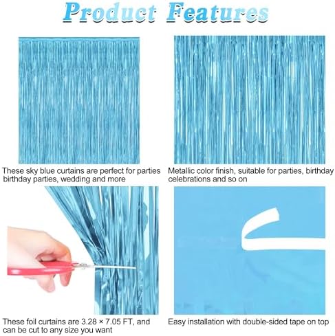 4 Pack Party Decorations, 3.28 FT x 7.05 FT Blue Foil Streamers, Metallic Sky Blue Backdrop Fringe Curtains Bithday Back Drop, Winter Backdrop for Party Supplies Door Decor Hanging