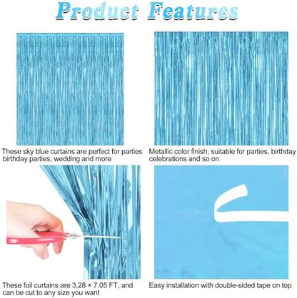 4 Pack Party Decorations, 3.28 FT x 7.05 FT Blue Foil Streamers, Metallic Sky Blue Backdrop Fringe Curtains Bithday Back Drop, Winter Backdrop for Party Supplies Door Decor Hanging