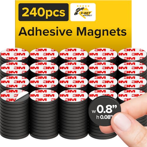 X-bet MAGNET Hyper-Sticky Magnets with Adhesive Backing - (0.8'' x 0.08'', 240 pcs) Strong Magnetic Dots for Whiteboard, Fridge, Crafts - Easy-to-Cut Stickers for Planning and Organization