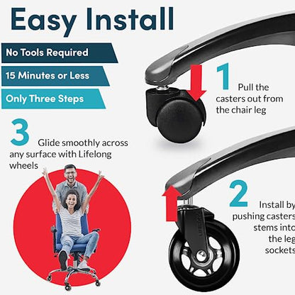 Lifelong Office Chair Wheels Replacement Rubber Chairs Casters for Hardwood Floors and Carpet, Set of 5, Heavy Duty Desk Casters for Chairs to Replace Office Chair Mats - Universal Fit