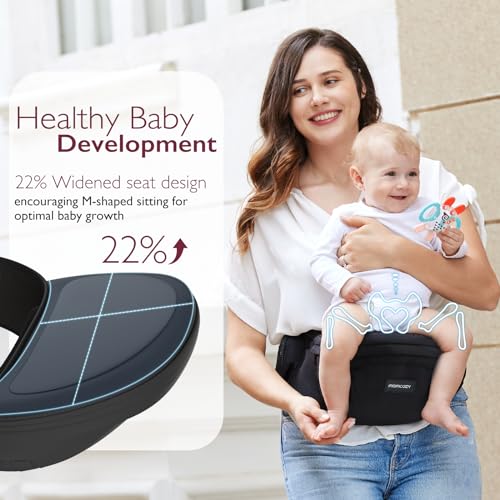 Momcozy Hip Seat Baby Carrier - Adjustable Waistband with Original 3D Belly Protector, Ergonomic Carrier with Various Pockets for Newborns & Toddlers up to 45lbs (Black, Medium)