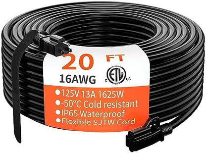 HUANCHAIN Indoor Outdoor Black Extension Cord 20 ft Waterproof, 16/3 Gauge Flexible Cold-Resistant Appliance Extension Cord Outside, 13A 1625W 16AWG SJTW, 3 Prong Heavy Duty Electric Cable, ETL