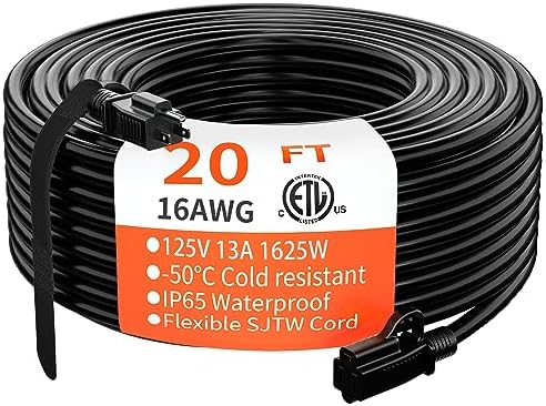 HUANCHAIN Indoor Outdoor Black Extension Cord 20 ft Waterproof, 16/3 Gauge Flexible Cold-Resistant Appliance Extension Cord Outside, 13A 1625W 16AWG SJTW, 3 Prong Heavy Duty Electric Cable, ETL