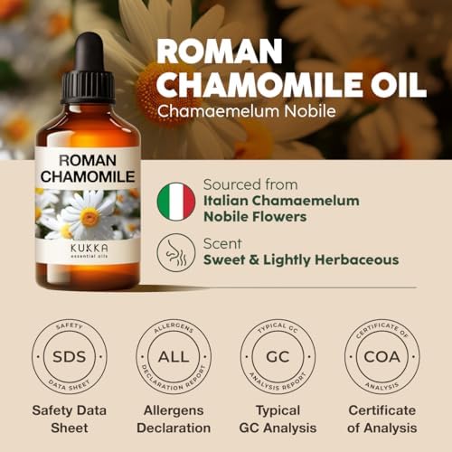 KUKKA Roman Chamomile Essential Oil for Tranquil Retreats and Peaceful Relaxation - Roman Chamomile Essential Oil 4 Oz - Soothing, Comforting and Calming - 100% Authentically Sourced Premium Oils