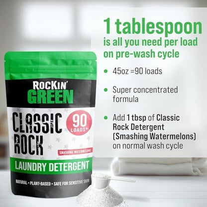 Rockin' Green Classic Rock Laundry Detergent (90 Loads), Plant based, All Natural Laundry Detergent Powder, Vegan and Biodegradable Odor Fighter, Safe for Sensitive Skin, 45 oz (Smashing Watermelons)