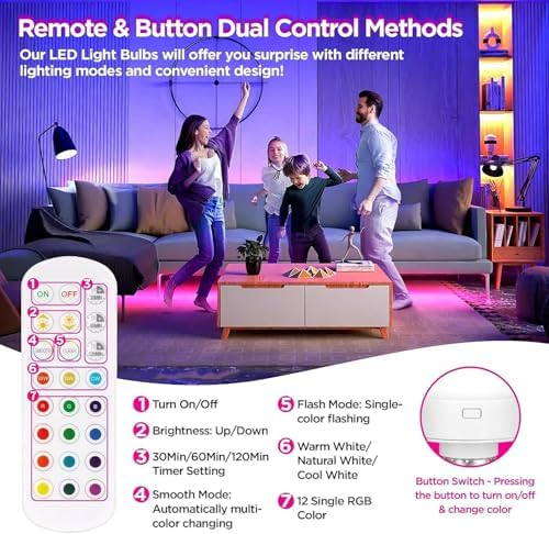 Rechargeable Battery Operated Light Bulb with Remote Control 2 Packs, 350LM Dimmable Detachable LED Bulb with 15 Colors Selectable & 3 Timer, Wireless Puck Light Bulb for Wall Sconce, Non-Hardwired