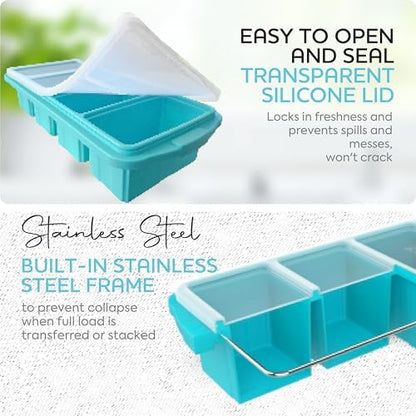 Silicone Freezer Tray With Lid - Soup Freezer Container molds - Large Ice Cube Tray- makes 8 perfect 1 cup portions cubes, 2-Pack Freezer Storage Food Soups & Meal Prep - Oven & Dishwasher -Safe