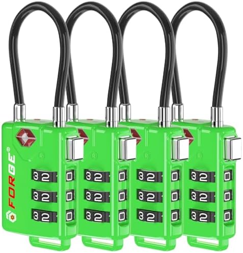 TSA Approved Cable Luggage Locks, Re-settable Combination with Alloy Body (Green 4 Locks)