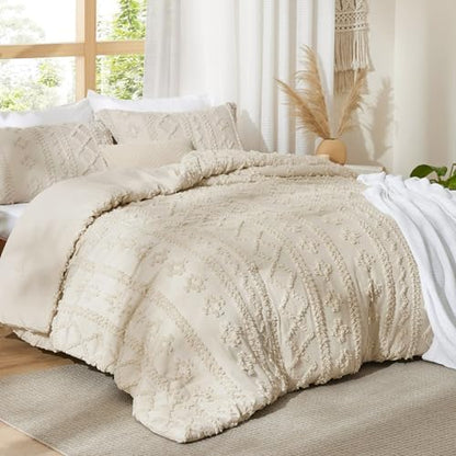 Bedsure Tufted Boho Comforter Set King Size - Beige Boho Bed Set, GentleSoft™ 3 Pieces Farmhouse Shabby Chic Embroidery Bedding, Gifts for Woman, Soft Jacquard King Comforter for All Seasons