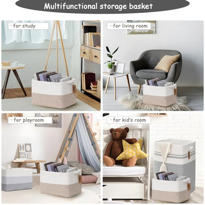 COMFY-HOMI Cotton Rope Woven Basket with Handles for Shelves,Toys,Book, Cloth Storage Baskets for Organizing-13.5" x 11" x 9.5" Toy Decorative Organizer for Living Room, Bathroom （White/Brown）