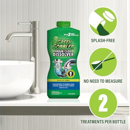 Green Gobbler Liquid Hair Drain Clog Remover & Cleaner, For Toilets, Sinks, Tubs - Septic Safe, 2 Pack