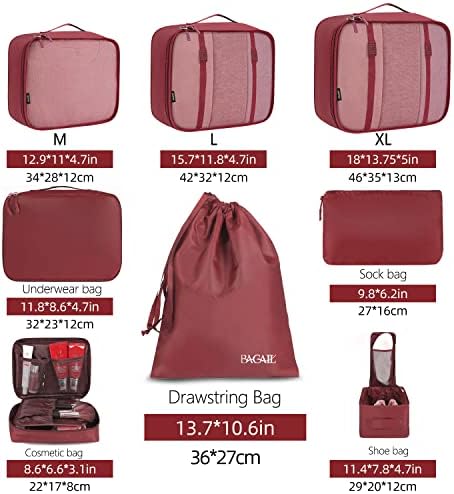 BAGAIL 8 Set Packing Cubes Luggage Packing Organizers for Travel Accessories-Wine Red