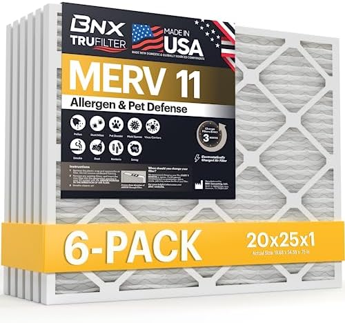 BNX TruFilter 20x25x1 Air Filter MERV 11 (6-Pack) - MADE IN USA - Allergen Defense Electrostatic Pleated Air Conditioner HVAC AC Furnace Filters for Allergies, Dust, Pet, Smoke, Allergy MPR 1200 FPR 7