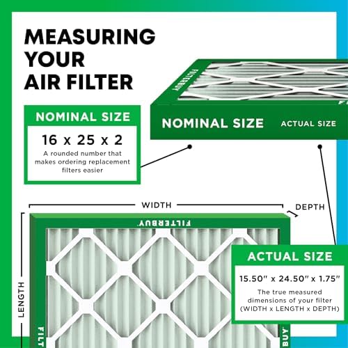 Filterbuy 16x25x2 Air Filter MERV 8 Dust Defense (12-Pack), Pleated HVAC AC Furnace Air Filters Replacement (Actual Size: 15.50 x 24.50 x 1.75 Inches)
