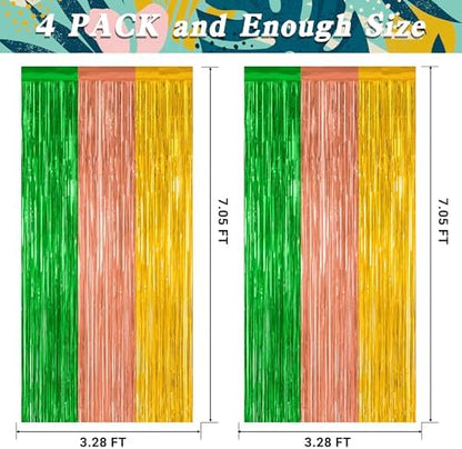 4 Pack Hawaiian Party Decorations, 3.28 FT x 7.05 FT Hawaii Tinsel Backdrop, Green Brown Yellow Foil Curtains Fringe Backdrop Party Streamer, Metallic Summer Decor Luau Party Decorations