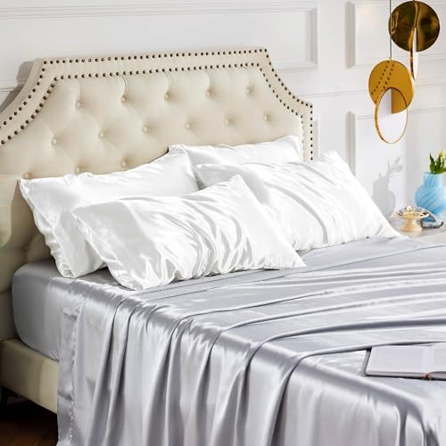 Bedsure Satin Pillowcase for Hair and Skin Queen - Pure White Silky Pillowcase Set of 4 with Envelope Closure, Similar to Silk Pillow Cases, Gifts for Women Men, 20x30 Inches